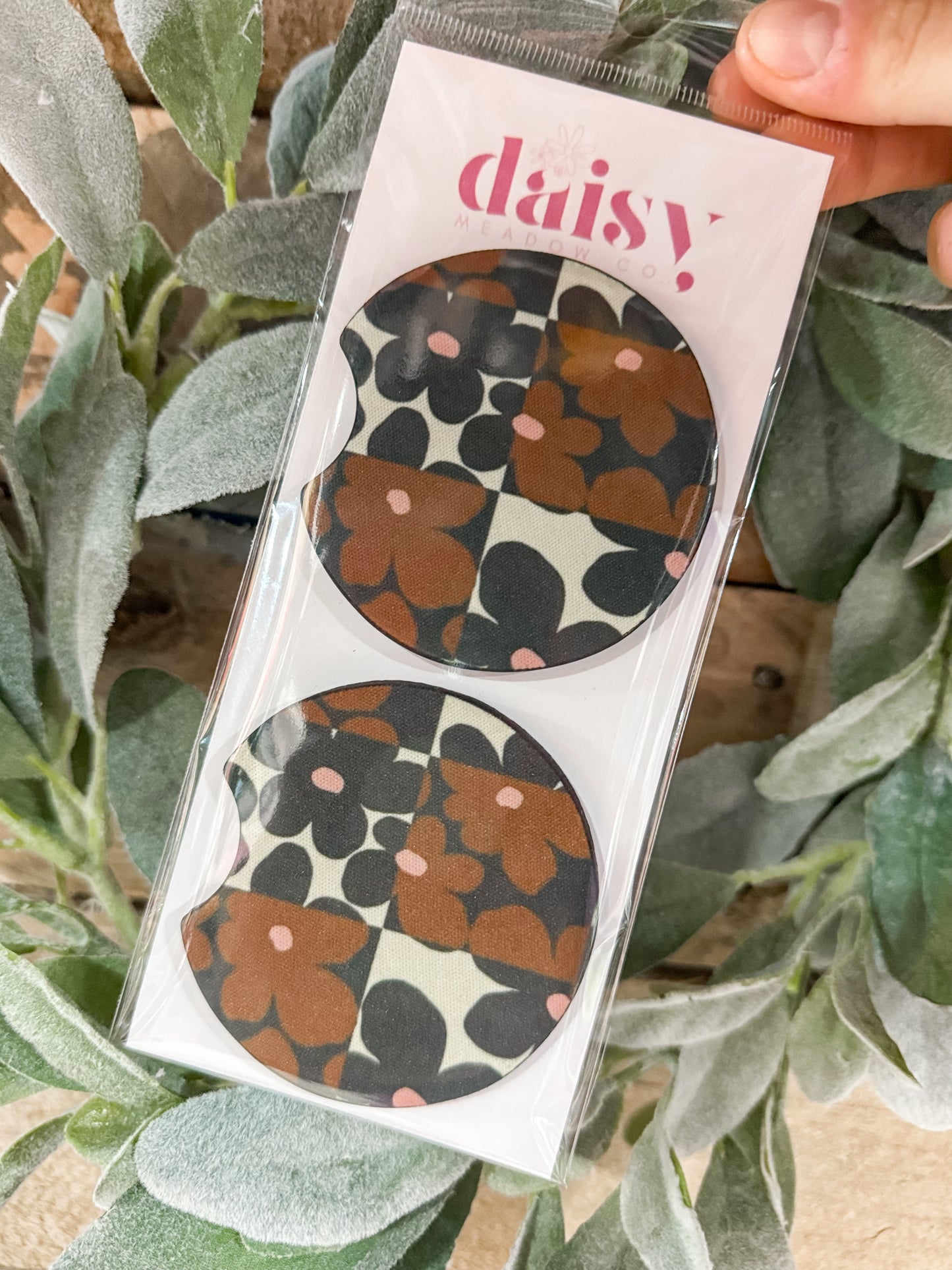 Boho Checkered Daisies Car Coaster