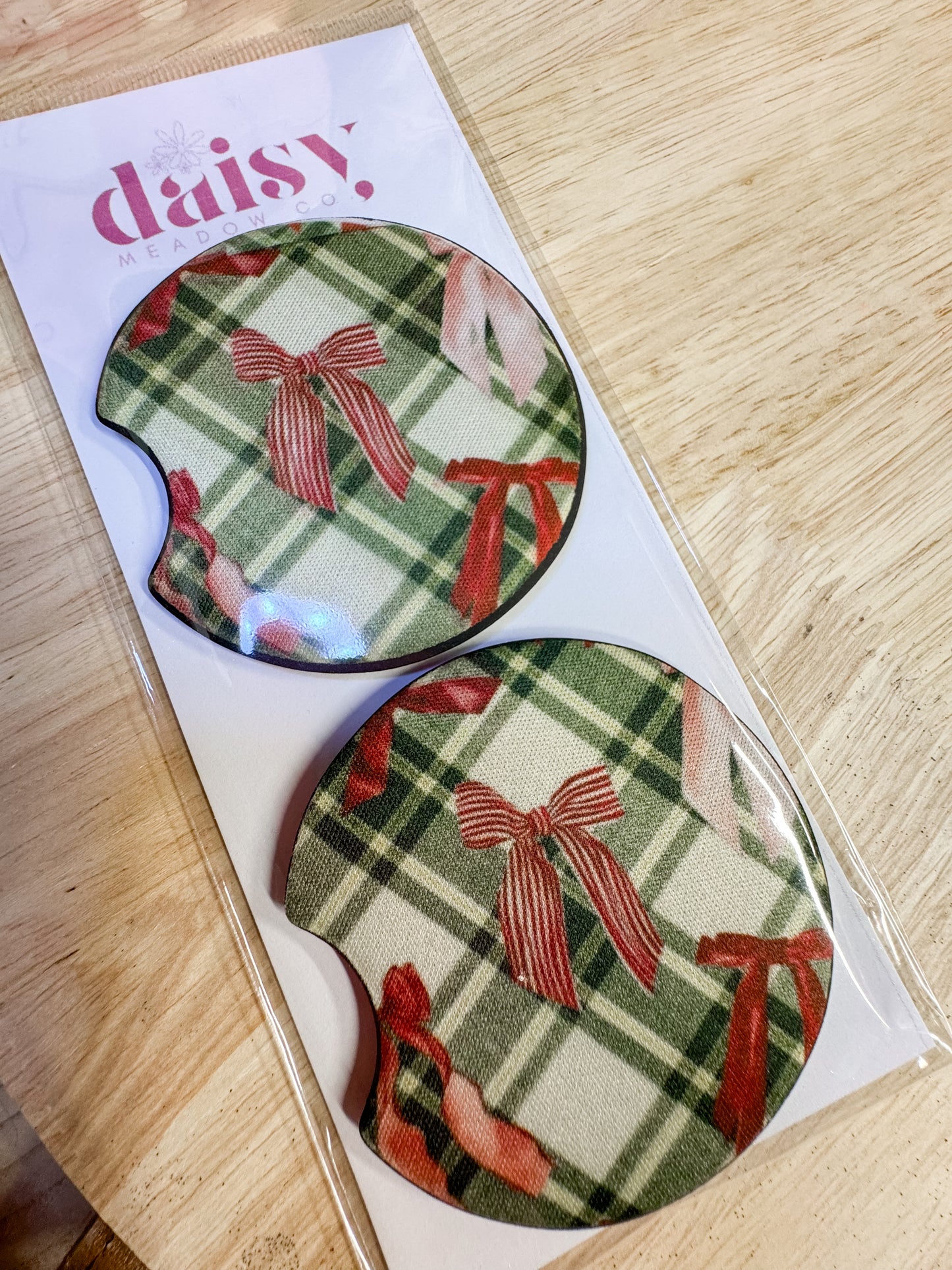 Plaid Christmas Bows Car Coaster
