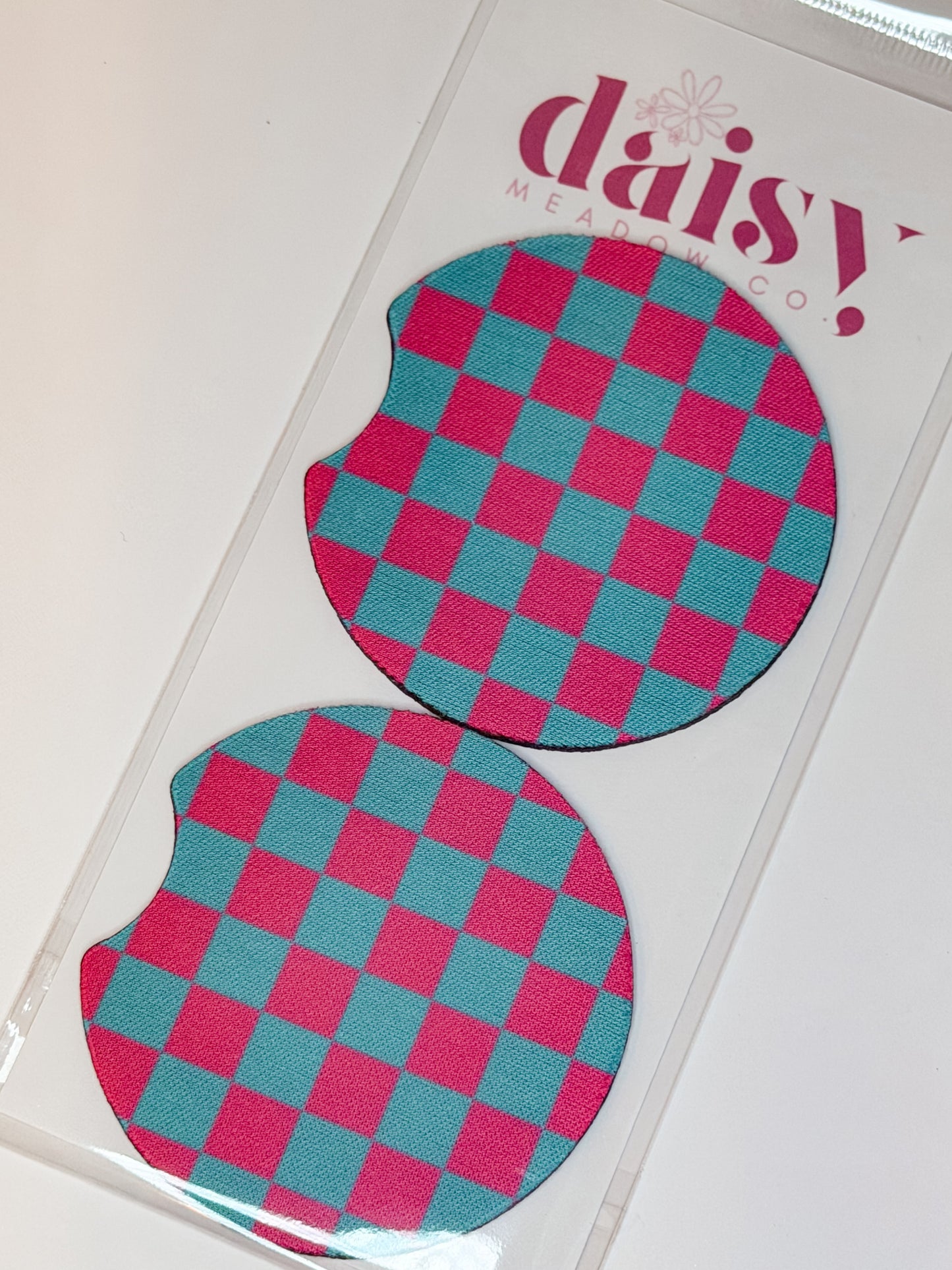 Teal Pink Checkered Car Coaster
