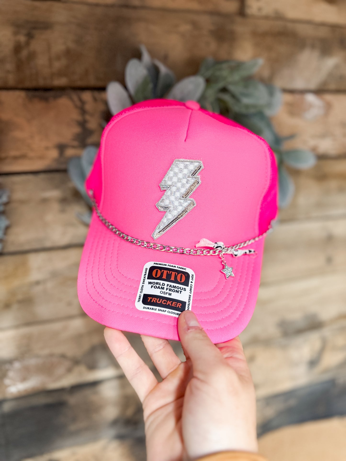 Neon Pink Check Lightning Bolt Trucker