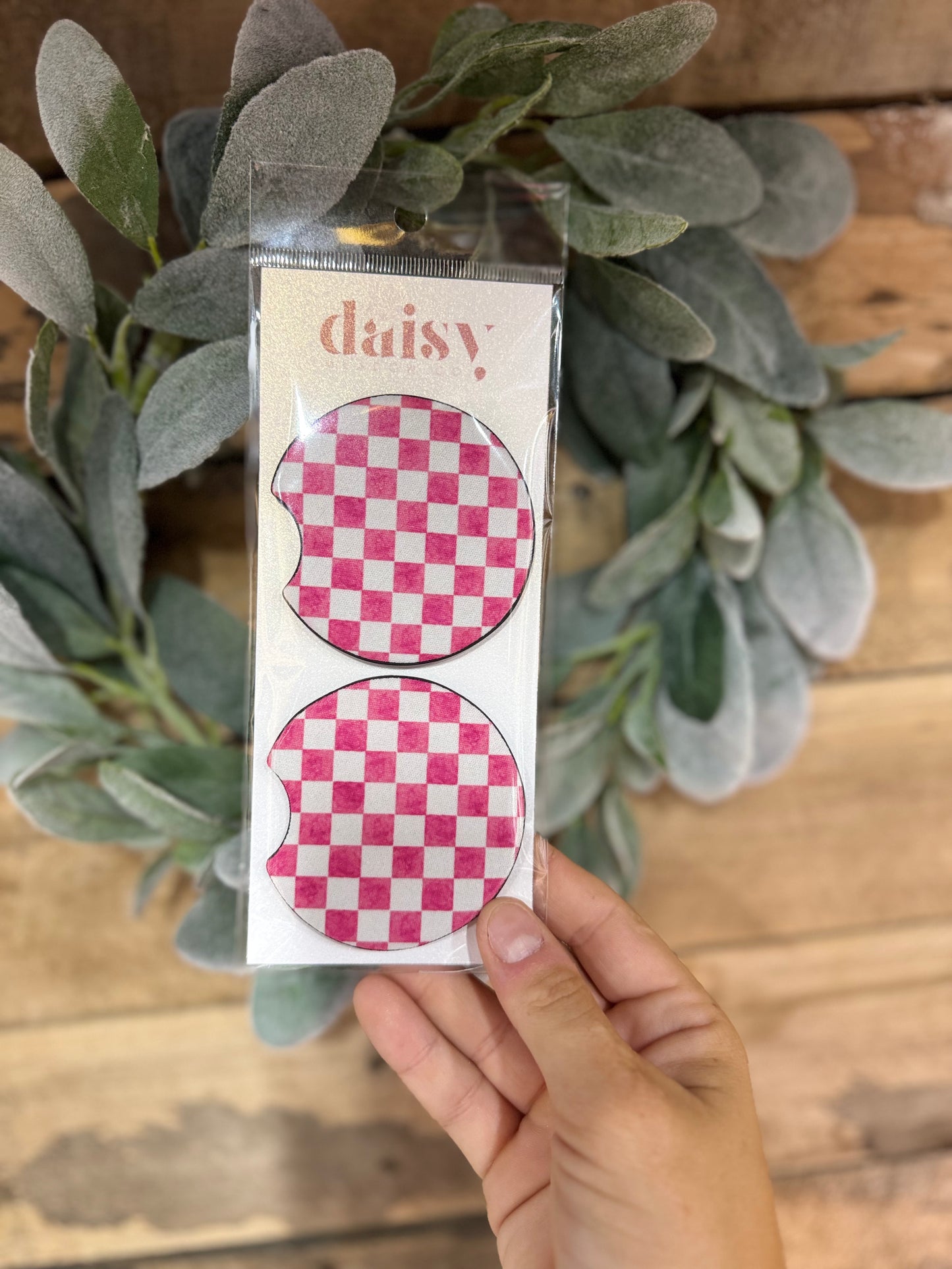 Daisy Meadow Pink Checkered Car Coaster