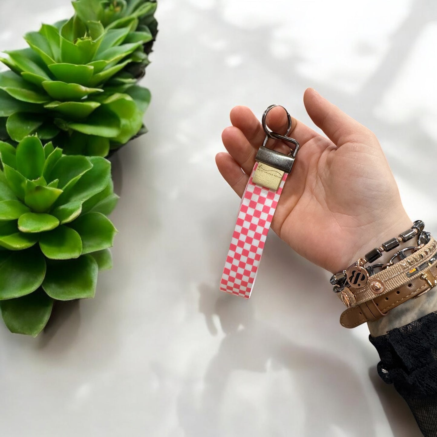 Pink Checkered Wristlet Keychain