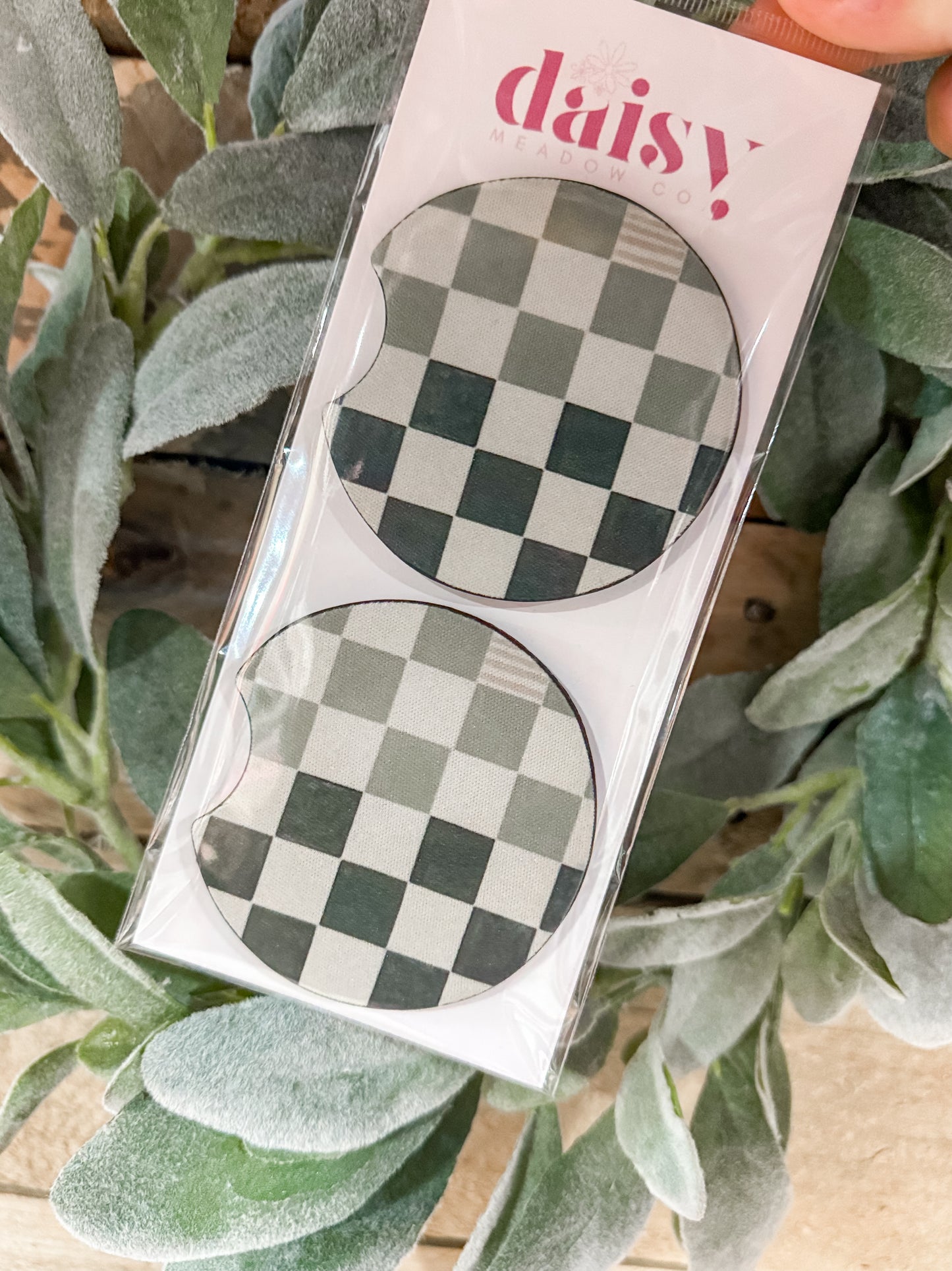 Shades of Green Checked Out Car Coaster