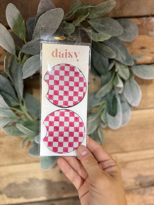 Daisy Meadow Pink Checkered Car Coaster